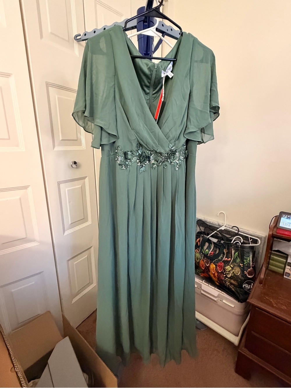 Elegant Eucalyptus Green V-Neck Evening Dress with Floral Waist Detail